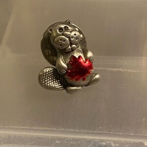 Adorable Pewter Canadian beaver pin with red maple leaf signed